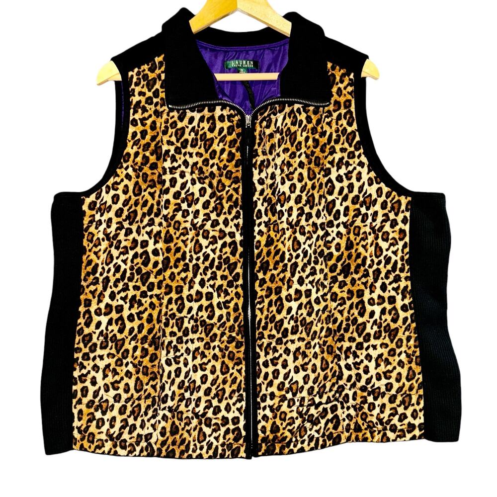 Lauren Ralph Lauren Womens 2X Puffer Vest Full Zip Up Cheetah Purple Quilted